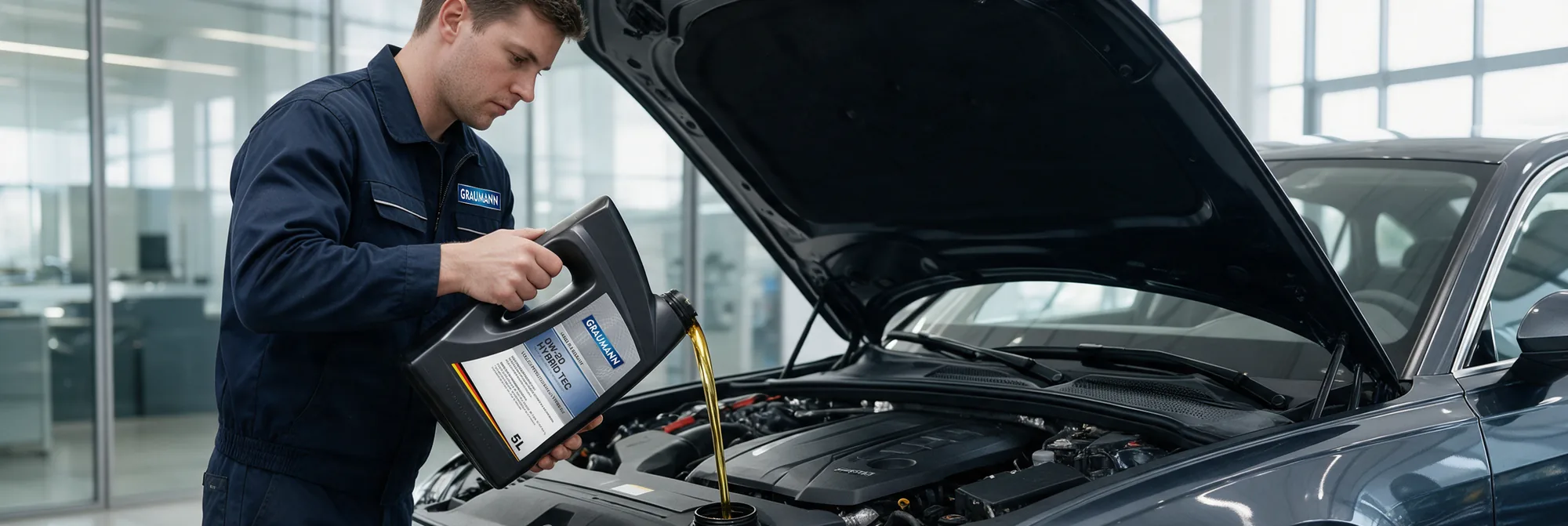 A technician in GRAUMANN workwear pouring 5 L of 0W-20 Hybrid Tec oil into a passenger-car engine