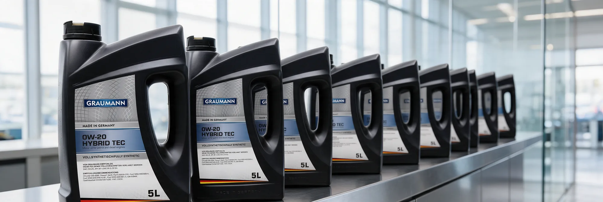 A row of GRAUMANN 0W-20 Hybrid Tec 5 L canisters on a counter