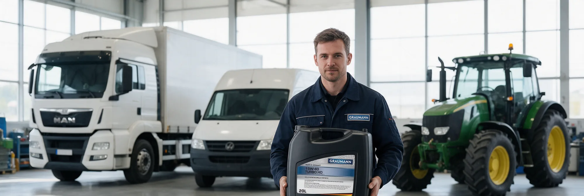 A specialist holding a 20 L GRAUMANN canister in front of a truck, a van and a tractor