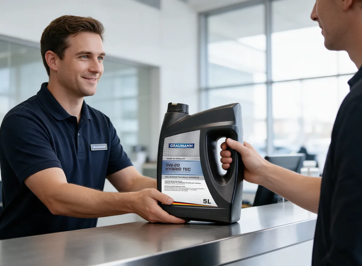 A service adviser handing a canister to a customer