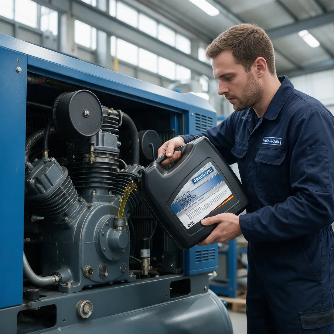 Filling oil into an industrial compressor
